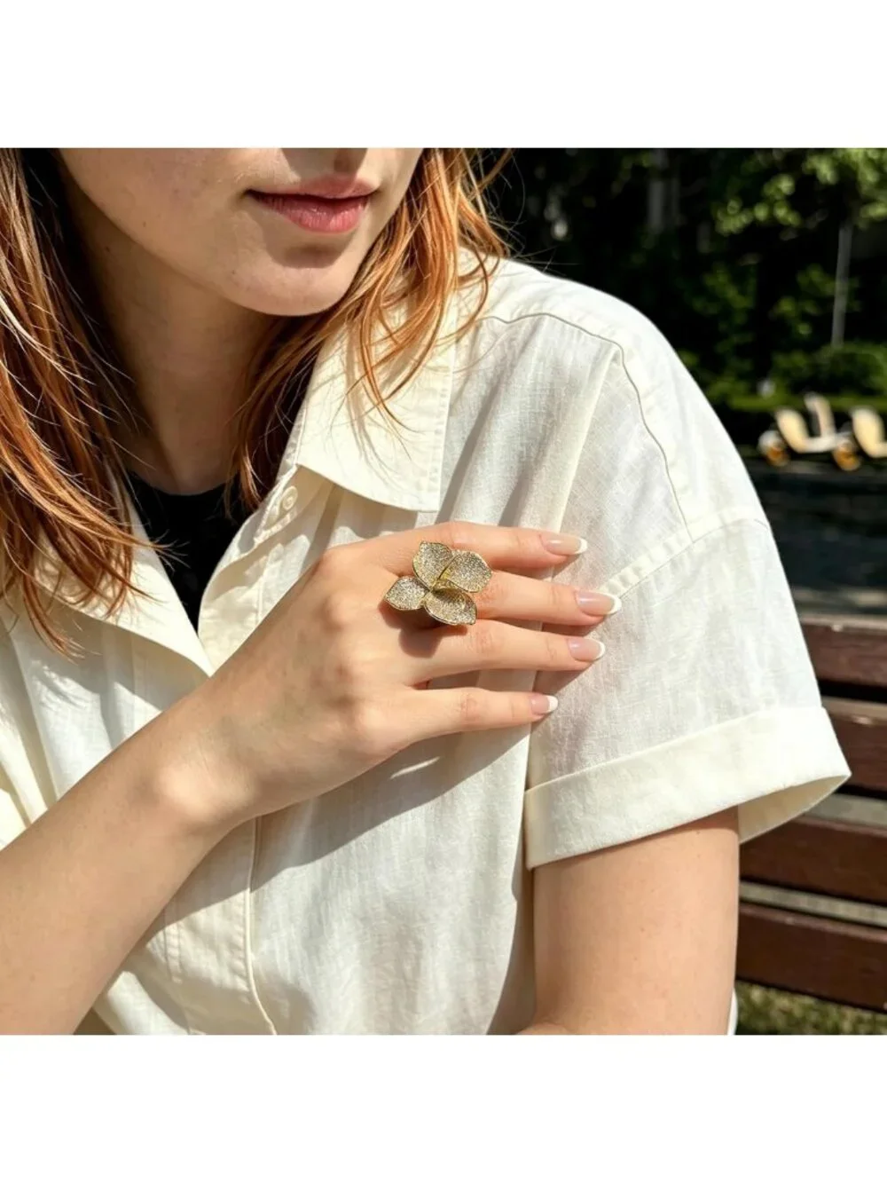 Adjustable Gold Flower Statement Ring with Cubic Zirconia - Chunky Floral